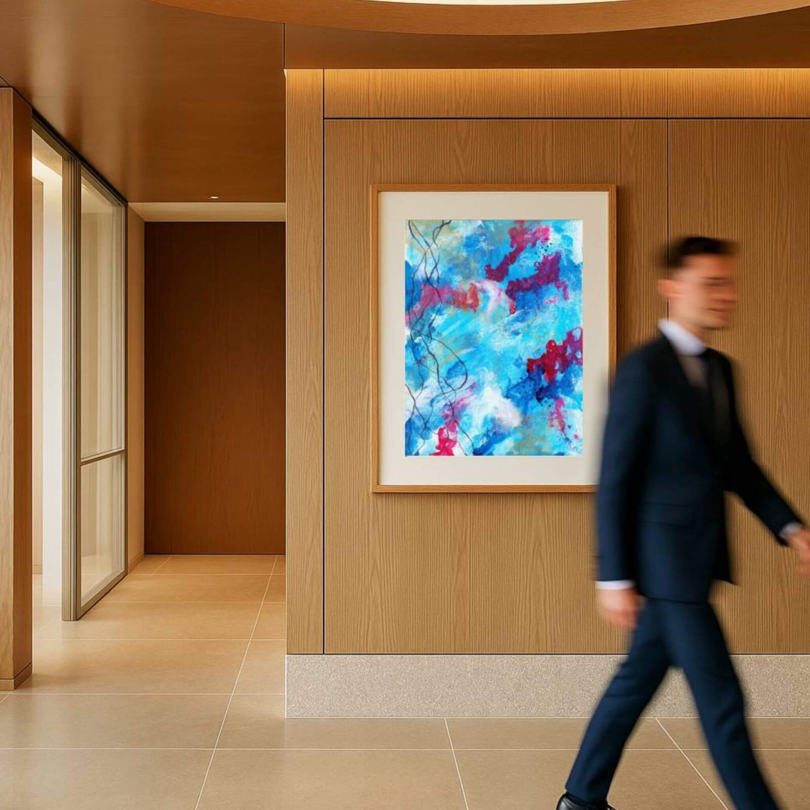 Abstract artwork holding presence in a modern office