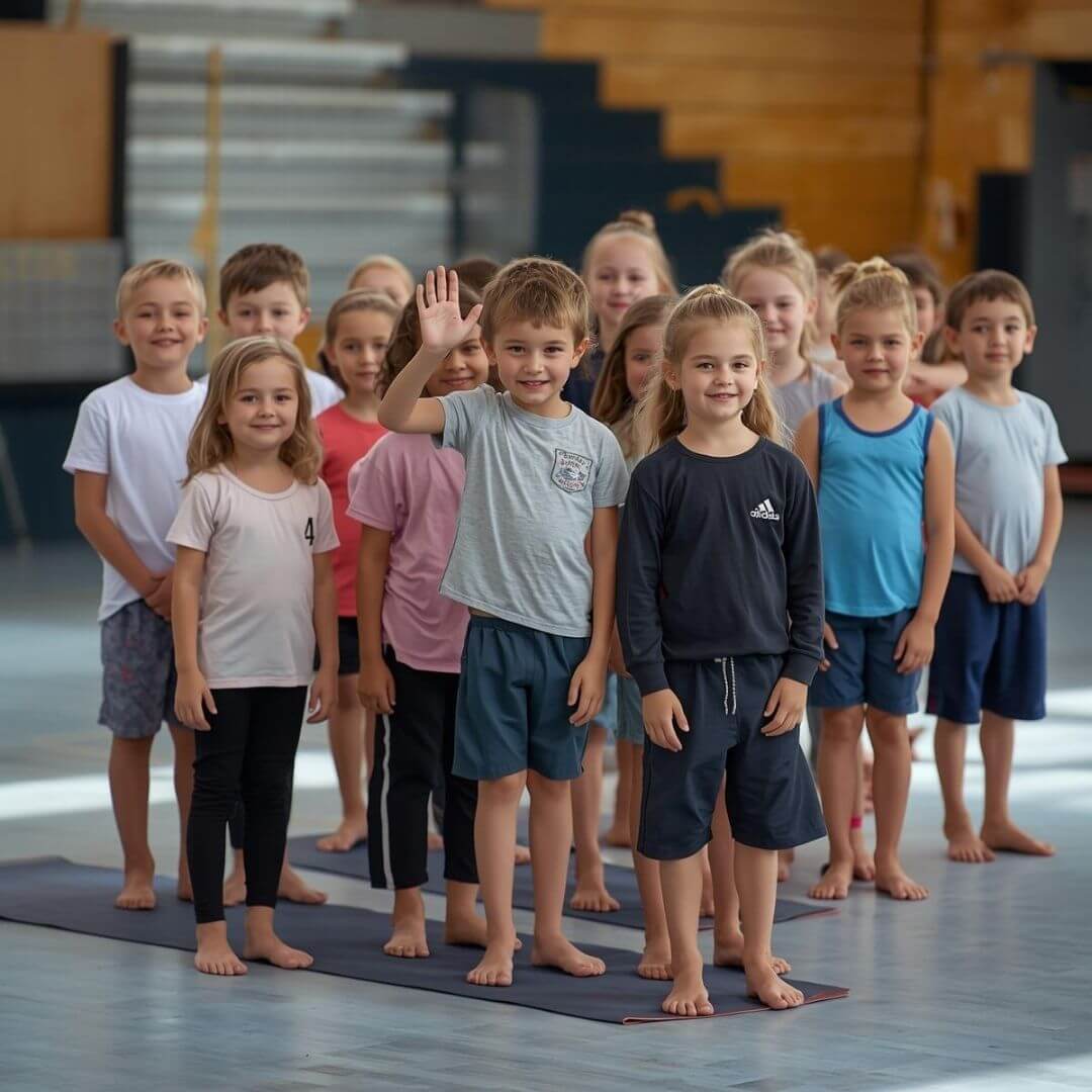Group of children standing on yoga mats in a spacious indoor hall