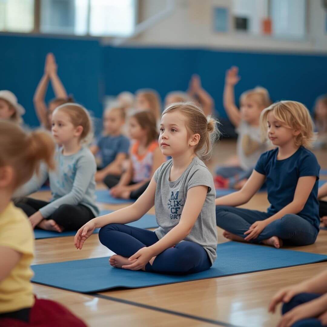 Children sitting cross-legged on mats during a quiet moment in a yoga session
