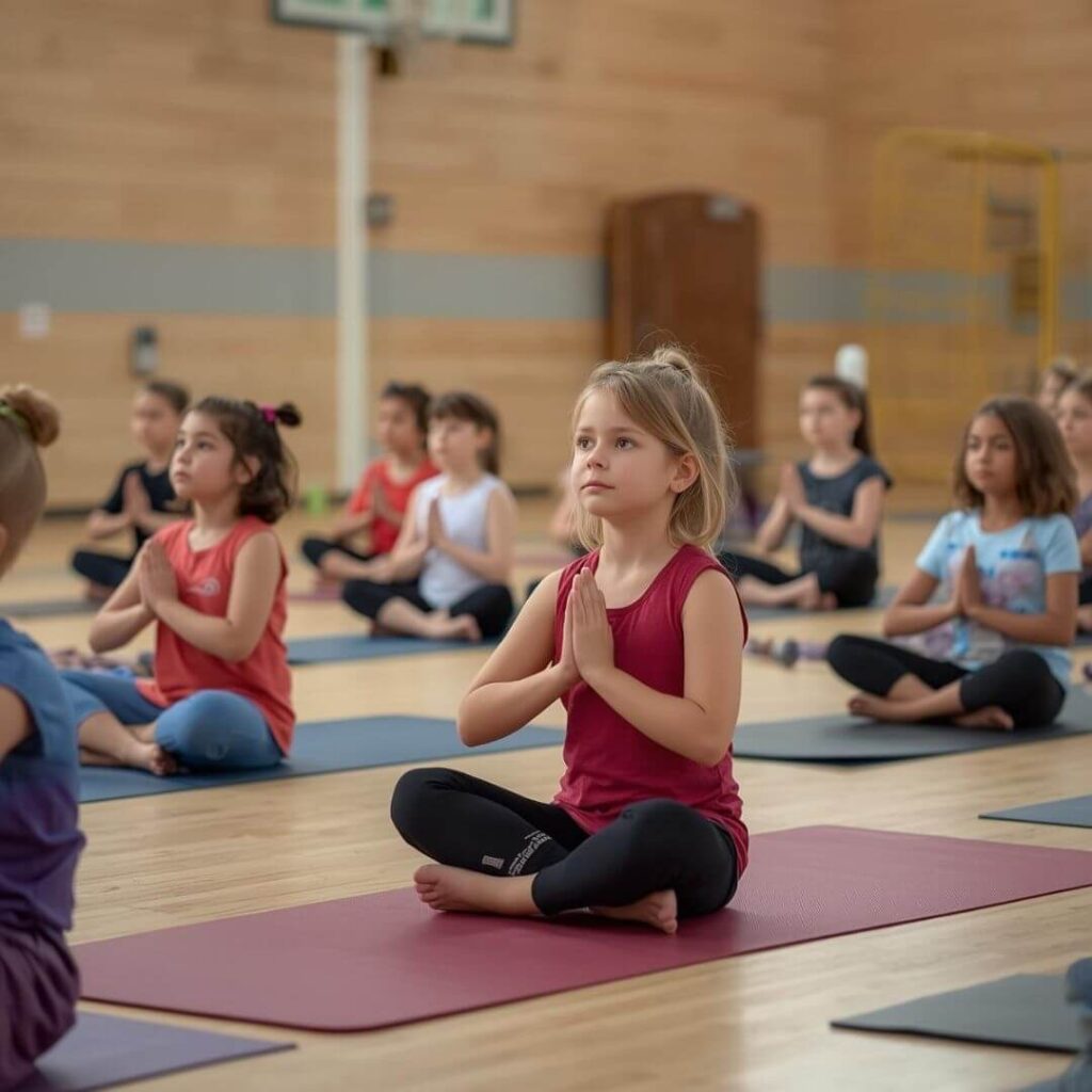 Children seated on yoga mats with hands together during a closing moment of class