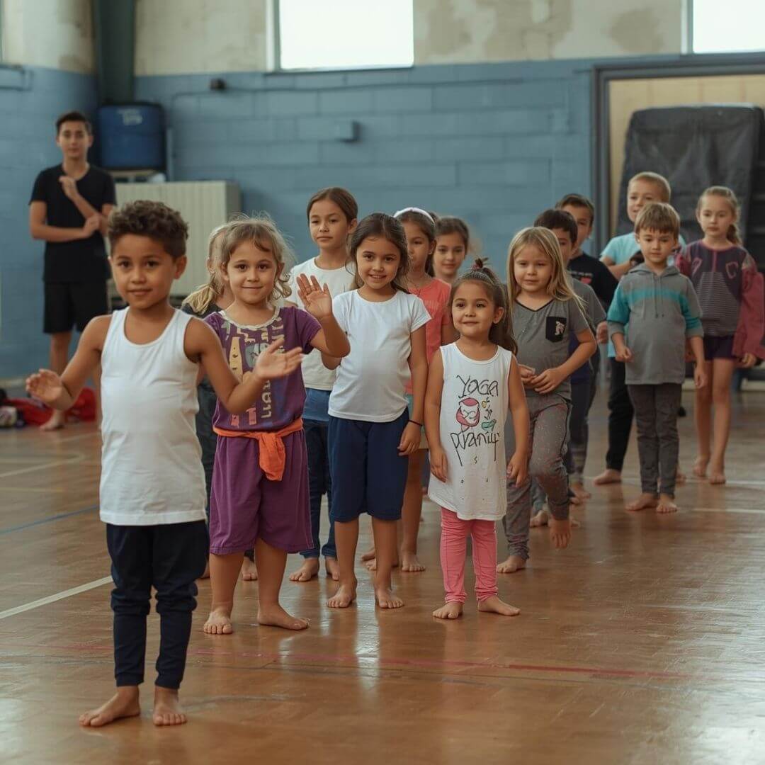 Children standing barefoot in a sports hall during a yoga for children session